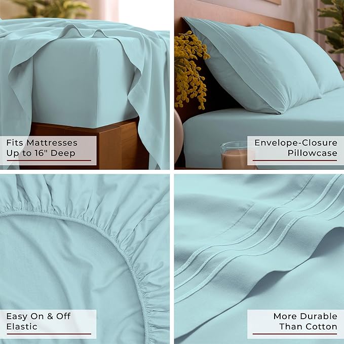 Mellanni King Sheet Set - 6-Piece Iconic Collection Bedding, (Including 4 Pillowcases), 16-Inch Deep Pocket, Easy Care, Extra Soft, Cooling Sheets, Brushed Microfiber - Aqua