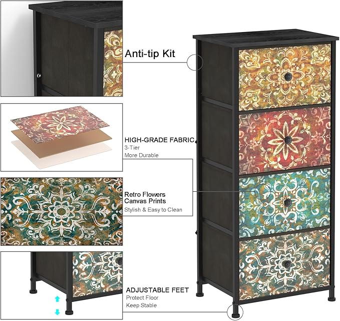 GiftGo Retro Dresser with Fabric Drawers Boho Mandala Flower Chest of Drawers Narrow Storage Tower for Small Spaces Gaps Bedroom Beautiful Nightstand Living Room Table (Mandala, 4 Drawers)