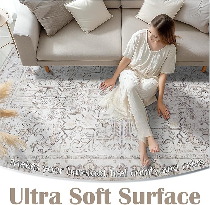 jinchan Lima Hallway Runner Rug 2x8 Washable - Vintage Floral Non Slip Low-Pile Soft Ultra-Thin Faux Wool Kitchen Rug Distressed Carpet Runner for Farmhouse Bedroom Laundry (2x8ft, Taupe)