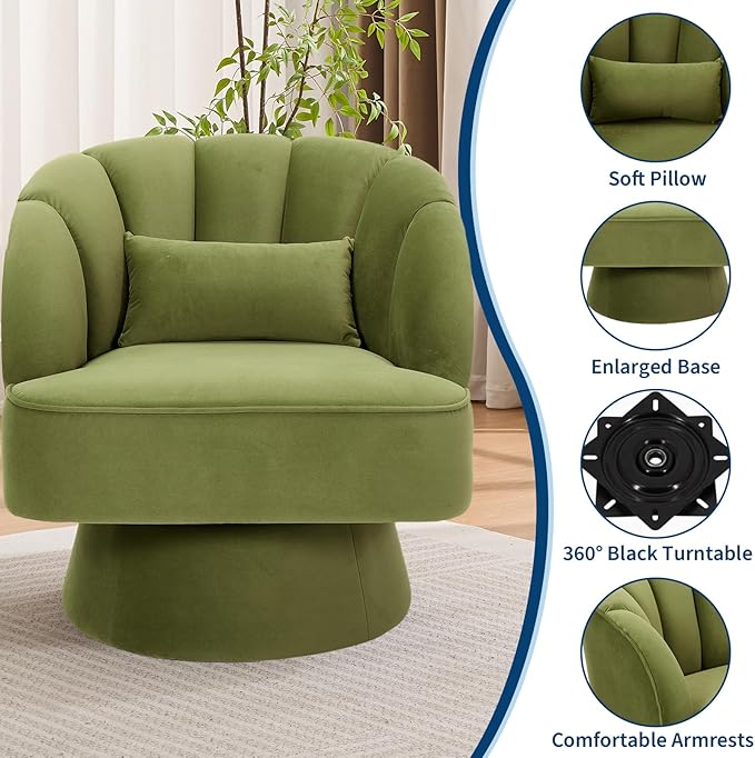 GarveeHome Modern Swivel Barrel Accent Chair, 360 Degree Velvet Upholstered Armchair with Striped Backrest & Plush Padding, Comfy Round Lounge Chair for Living Room, Bedroom, Reading Nook, Green