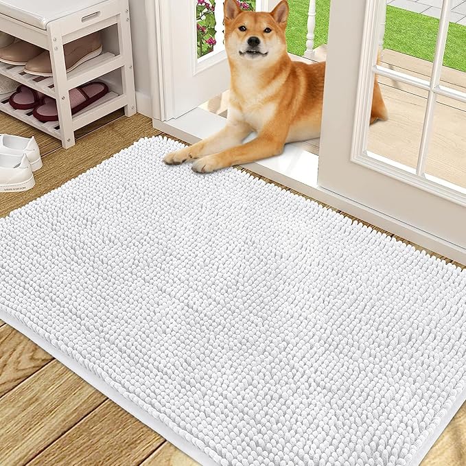OLANLY Dog Door Mat for Muddy Paws 48x30, Absorbs Moisture and Dirt, Absorbent Non-Slip Washable Doormat, Quick Dry Chenille Mud Mat for Dogs, Entry Indoor Entryway Carpet for Inside Floor, White