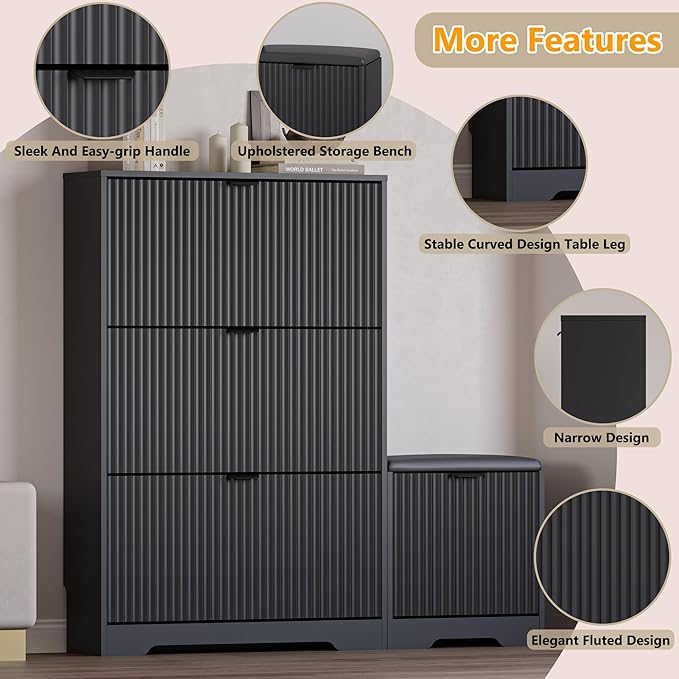 Slim Shoe Cabinet with Bench for Entryway, Hidden Storage and Adjustable Shelves, Free Standing Wooden Shoes Organizer for Hallway, Foyer