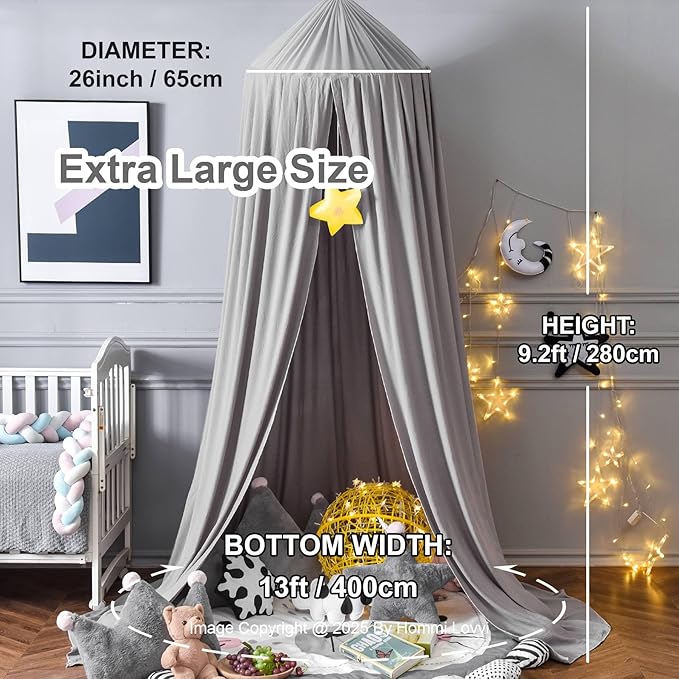 Grey Bed Canopy for Girls with Light, Princess Canopy Curtains for Twin Full Queen Size Kids Bed, Canopy for Girls Bed Room Decor, Hanging Castle Ceiling Tent