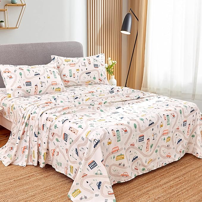 JSD Car Kids Printed Sheet Set Twin Size, 3 Piece Soft Microfiber Bed Sheets Deep Pocket