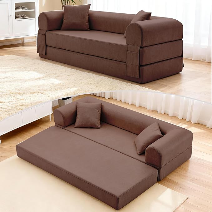 78.5" Convertible Sleeper Sofa Bed, Faux Leather Deep Seat Folding Floor Sofa with Pullout Bed & 2 Pillows, No Assembly Modern Boneless Couch Compression Sofa in Box for Living Room, Office, Brown