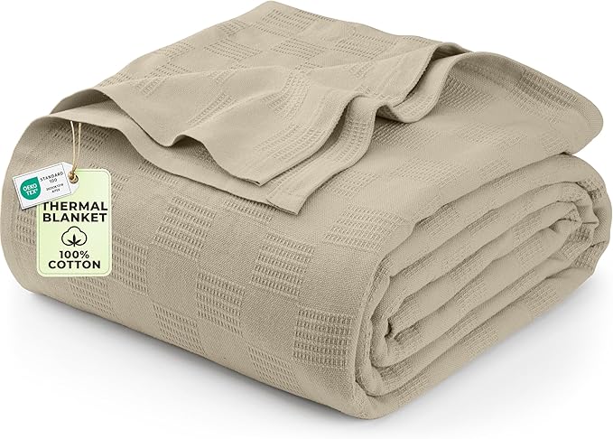 Utopia Bedding Khaki 100% Cotton Blanket [Queen Size - 90x90 Inch] 350GSM Lightweight, Soft and Breathable Thermal Blanket for All Seasons