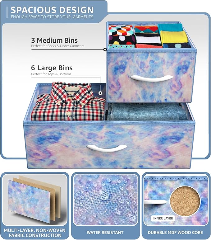 Sorbus Kids Dresser with 9 Drawers - Furniture Storage Chest Tower Unit for Bedroom, Hallway, Closet, Office Organization - Steel Frame, Wood Top, Tie-dye Fabric Bins (Pastel, Tie-dye)
