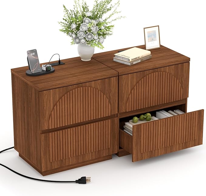 Yechen Nightstand with Drawers Set of 2, Modern Arched Reeded Wood Nightstand with Charging Station, Wooden Night Stand with Storage,Bedside End Tables for Bedroom, Walnut