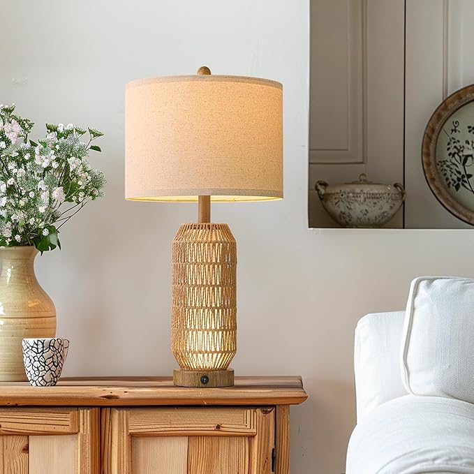 OYEARS 25" Table Lamps Set of 2 with Night Light,Bedside Lamps for Bedroom,Boho Lamps with USB C+A Charging Ports,Farmhouse Table Lamp with Rattan,Frosted Glass,Linen Shade (Wood Grain,Bulb Included)