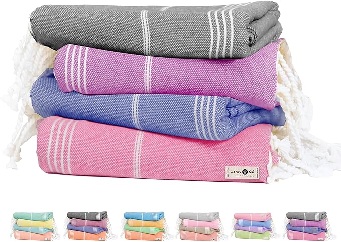 Native Fab Oversized Turkish Towels 4 Pack, Quick Dry, Lightweight, Durable, Absorbent, Sand Resistant, Multipurpose for Pool, Bath, Spa, Travel, Summer - Pink, Magenta, Indigo Blue, Grey