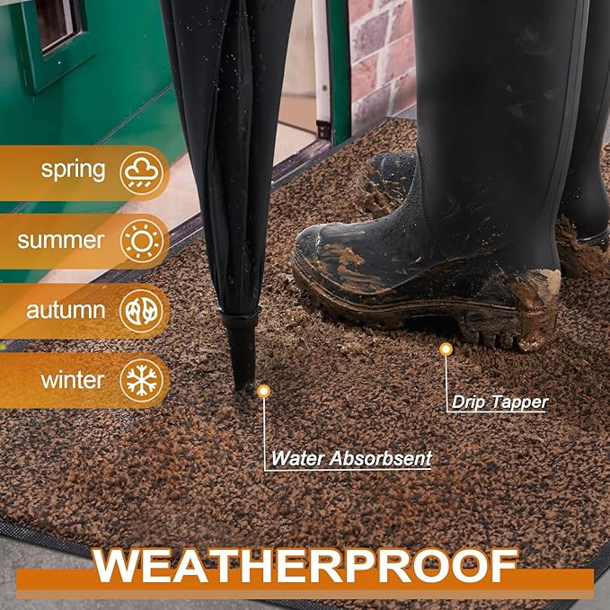 Mibao Front Door Mat, Dirt Trapper Welcome Mat for Outdoor Indoor, Non-Slip Waterproof Doormat, Durable Machine Washable Low Profile Entry Rug for Back Door Outside Patio Porch, 30" x 18", Brown