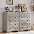 Farmhouse 5 Drawer Dresser for Bedroom Set of 2, 42" Tall Small Dressers & Chest of Drawers, Rustic Wood Dresser with Metal Handle, Storage Organizer Closet for Living Room, Hallway,Entryway