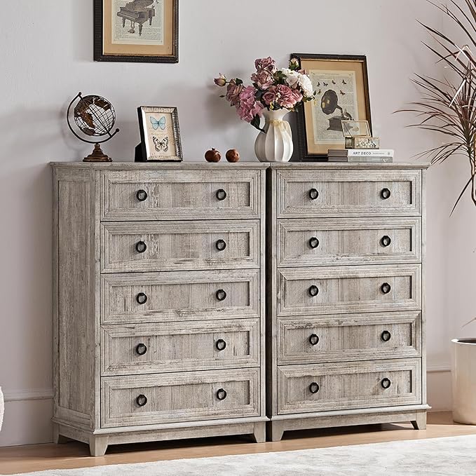 Farmhouse 5 Drawer Dresser for Bedroom Set of 2, 42" Tall Small Dressers & Chest of Drawers, Rustic Wood Dresser with Metal Handle, Storage Organizer Closet for Living Room, Hallway,Entryway