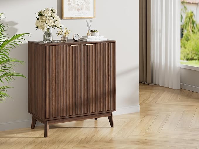 Sideboard Cabinet, Small Buffet Cabinet, Modern Fluted Storage Cabinet with Adjustable Shelf & Doors, Accent Credenza Sideboard for Kitchen, Coffee Bar, Living Room, Entryway, Hallway