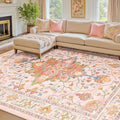 Area Rugs 8'x10' Washable Non-Slip, Floral Vintage Distress Print Pattern Medallion Carpet for Living Room Bedroom Dining Room, Light Pink Colorful