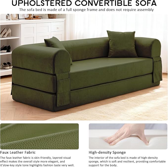 78.5" Convertible Sleeper Sofa Bed, Faux Leather Folding Floor Sofa with Pullout Bed&2 Pillows, No Assembly Modern Boneless Couch Compression Sofa in Box with Storage Pocket for Living Room, Green