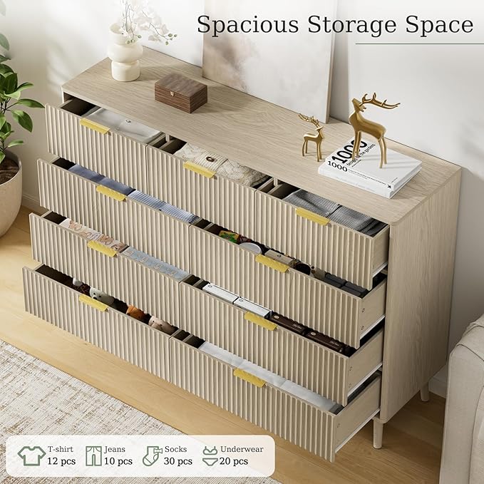 LYNSOM Fluted 9 Drawer Dresser for Bedroom, 55" Wide Modern Chest of Drawers with Curved Profile Design and Metal Handles, Wood Dresser TV Stand & Storage Organizer for Bedroom, Hallway, Beige