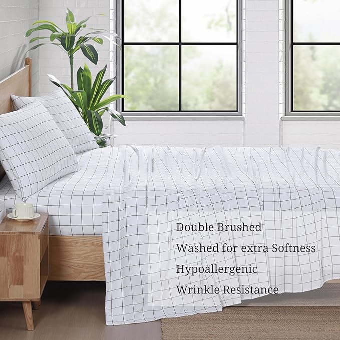 Casa Platino Bed Sheets California King Size, Pre-Washed Ultra Soft & Breathable California King Bed Sheets Set, 100% Hydro-Brushed Microfiber Cooling California King Sheets Deep Pocket - Windowpane