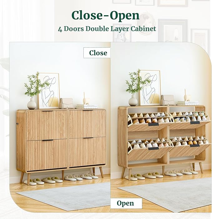 47" Fluted Large Shoe Cabinet with 4 Flip Drawers, Slim Freestanding Shoe Cabinet Organizer, Narrow Shoes Storage Rack for Entryway, 5 Sturdy Legs (All Natural, 9.45" D x 47.24" W x 35.83" H)