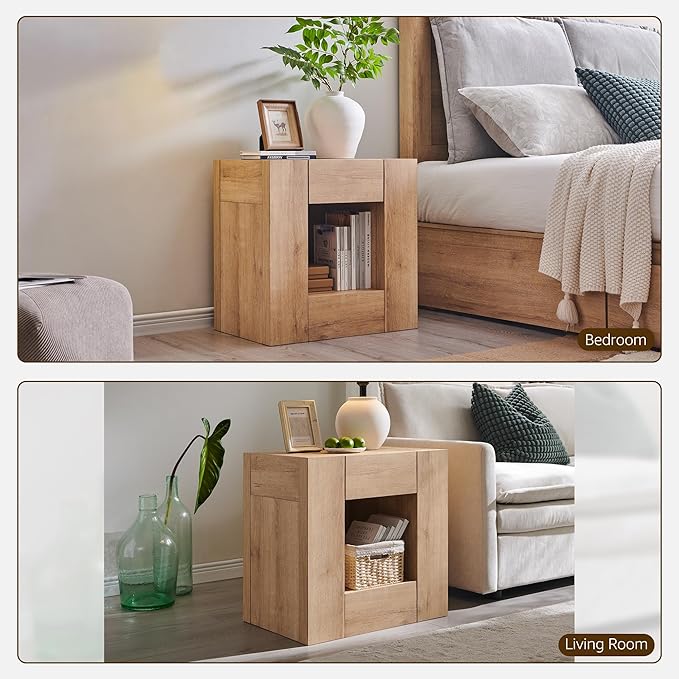 OKD Modern Nightstand with Charging Station, 24" Large Bedside Table, Rustic End Table with Drawers & Open Shelf for Bedroom/Living Room, Night Stand Wood Thick Design,Natural Oak