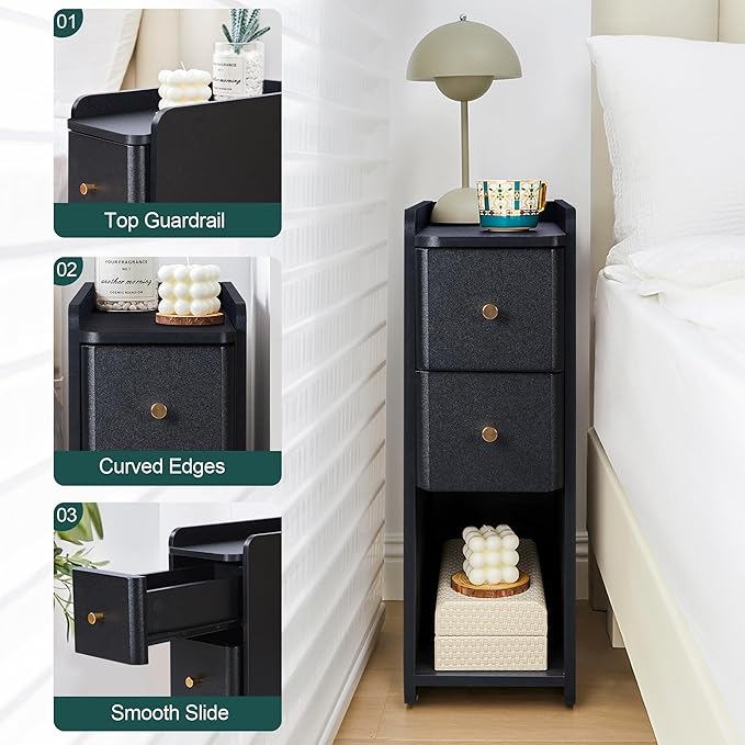 Narrow End Table Bedroom, Wooden Small 2 Drawer Nightstand, Thin Couch Side End Table, Skinny Bedside Table Small Spaces, Mid Century Modern Night Stand with Drawers (Black-1 pc)