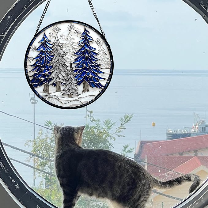 Stained Glass Window Hanging 4 Pcs Set White Winter Christmas Snow Scene 9.8" - Suncatcher Door Garden Sun Catcher Decor Birthday for Mom Woman Nana Men Friend Wife
