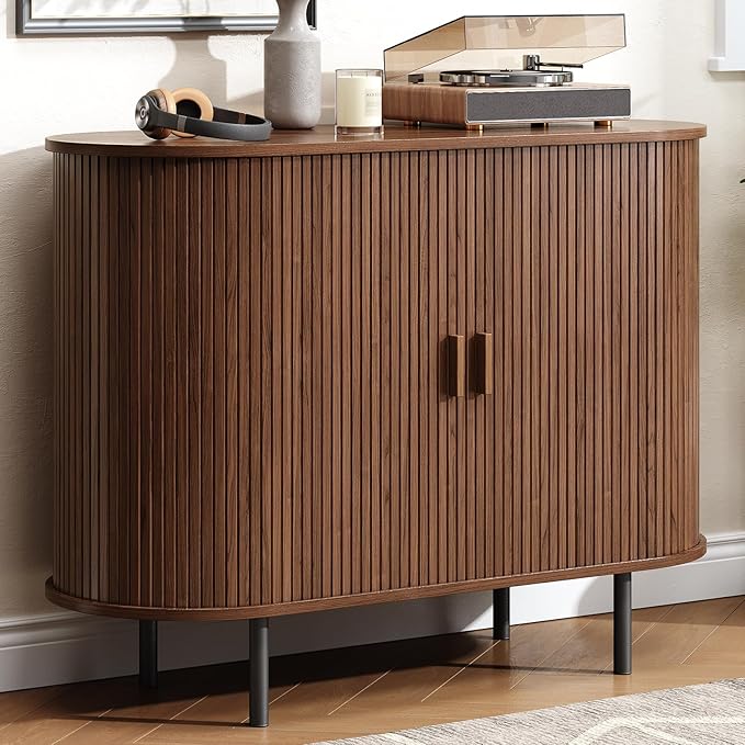 Buffet Cabinet with Storage, Fluted Sideboard Buffet with Sliding Door, Coffee Bar Cabinet with Adjustable Shelf, Console Table, Accent Table for Entryway, Kitchen (Walnut, 40 Inch)