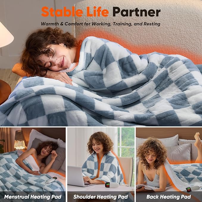 Heated Electric Blanketc Throw, 50X60 Heating Blanket with 10 Heat Levels & 8 Hours Auto Off for Lap, Misty Blue Checkered Plaid Soft Sherpa Blankets Warmer Gifts for Couch Grandma Women Adults