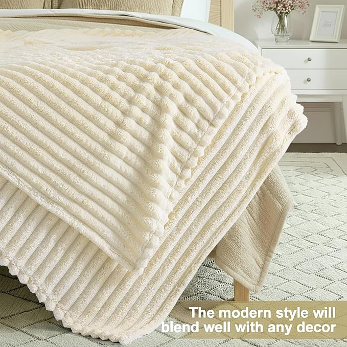 decorUhome Christmas Soft Fleece Beige Blanket Queen Size for Bed, Cozy Fluffy Plush Flannel Large Striped Throws for Couch Sofa, Lightweight Decorative Fuzzy Blanket for Woman, 90x90 Inches