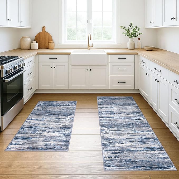 Abstract Rug for Kitchen Set of 2, 2x3 and 2x6 Navy Blue Gray Neutral Multi Modern Super Soft Small Area Rug, Washable Non-Slip Entryway Rugs, Low-Pile Mat for Bedside, Indoor Door Mat