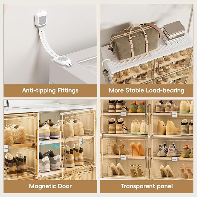 JEKO&JEKO 4 Tiers Foldable Shoe Rack Organizer Cabinet for Closet Entryway, Large Collapsible Shoe Storage Box with Magnetic Doors Fits Up to 16 Pairs (White)