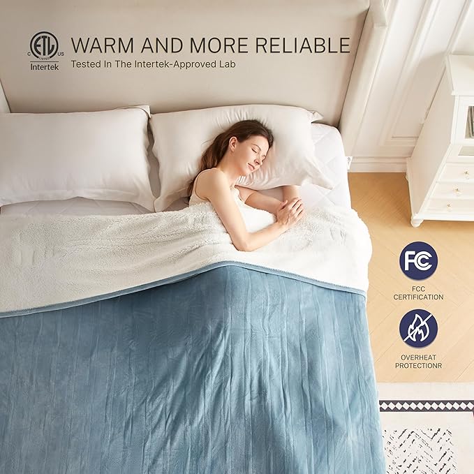 Electric Blanket Full 72"x84" Heated Electric Blankets 10 Heating Levels 12 Time Settings 8 Hours Auto Off Fast Heating and Overheat Protection ETL Certified Machine Washable,Light Blue