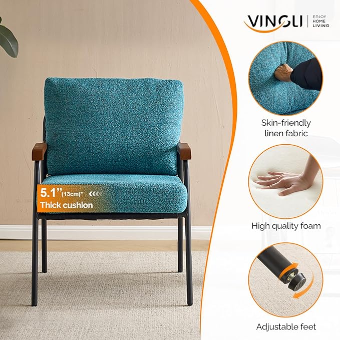 VINGLI Mid-Century Modern Accent Armchiar for Small Space, Small Comfy Upholstered Leisure Reading Chair with Wood Armrest for Bedroom, Living Room, Waiting Room, Linen Teal