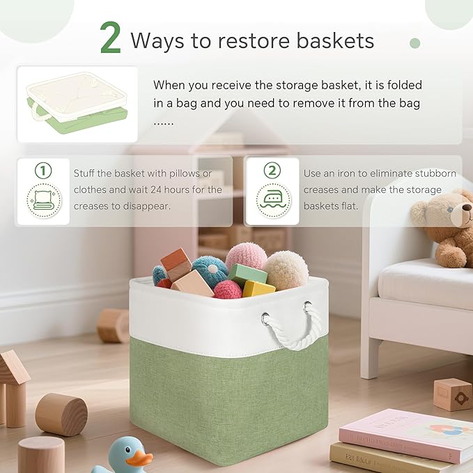 Fabric Cubes Storage Basket, 6 Pack 11x11 in with Handles Cube Storage Bins, for Shelves, Home, Office Organizers (White/ Green)