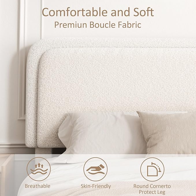 King Size Boucle Bed Frame, Upholstered Cloud Platform Bed Frame with Headboard, Anti-Collision Soft Rounded Corners, No Box Spring Required, Easy Assembly, Noise Free, Adjustable Headboard