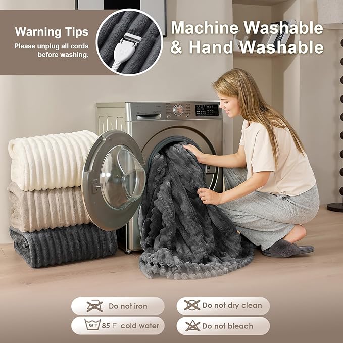 Hansleep Heated Blanket King Size Electric Throw Dual Control, Heating Blanket with 9 Heating Levels and 10-Hour Timer Auto Shut Off, Washable Soft Warm Winter Blanket, 90 x 100 Inches, Dark Grey