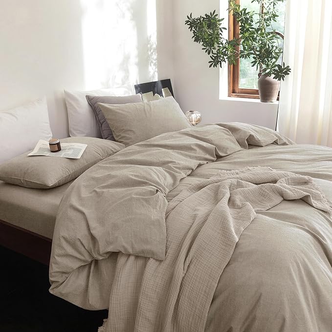 FOSSA Duvet Cover Set 100% Washed Cotton Linen Feel Super Soft Breathable Cozy 3 Pieces Bedding Sets Solid Tannish Linen Grey Super Queen