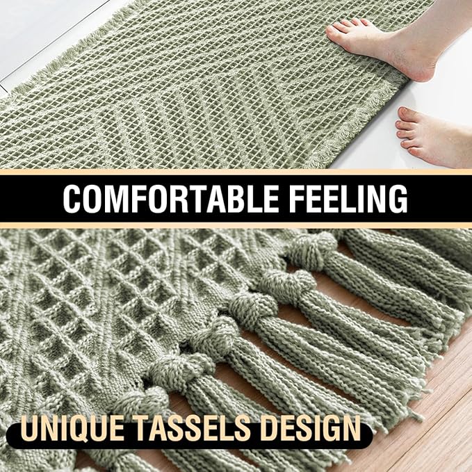 H.VERSAILTEX Waffle Bath Runner Rug Long Bath Mat Super Absorbent Boho Bath Rugs Non Slip Bath Runner for Bathroom Floor Machine Washable Dry Fast Bathroom Rugs with Tassels, 24" x 60", Sage