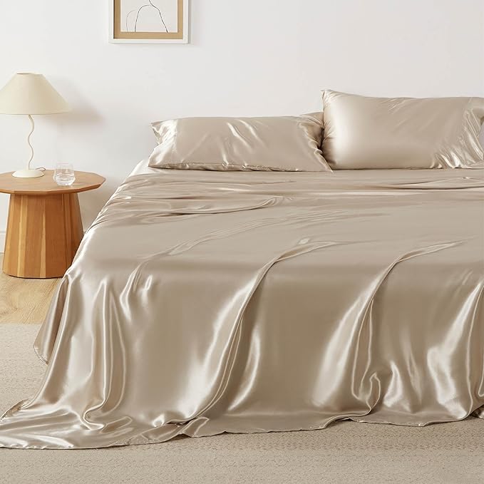 Bedsure Satin Sheets Full Size - 4 Piece Silky Bedsheets with 15 Inches Deep Pocket Fitted Bedsheet,1 Flat Sheet, 2 Satin Pillowcases, Good for Hair & Skin (Full, Khaki)