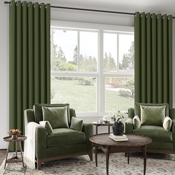 ChrisDowa 100% Blackout Olive Green Solid Curtains 84 Inches Long 2 Panels for Bedroom Living Room,Farmhouse Room Darkening Thermal Insulated Soundproof Grommet Top Window Treatment Drapes,52x84