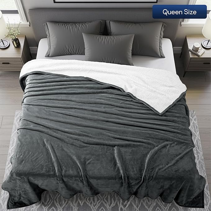 Utopia Bedding Sherpa Blanket Queen Size (Grey, 90x90 Inches) - Soft Lightweight Plush Fleece Reversible Blanket for Bed, Sofa, Couch, Camping and Travel