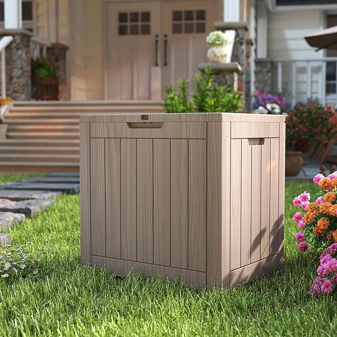 35 Gallon Small Waterproof Outdoor Storage Box, Resin Deck Box Lockable for Patio Furniture, Garden Tools, Pool Accessories, UV-Resistant for All Weather Use, Greige