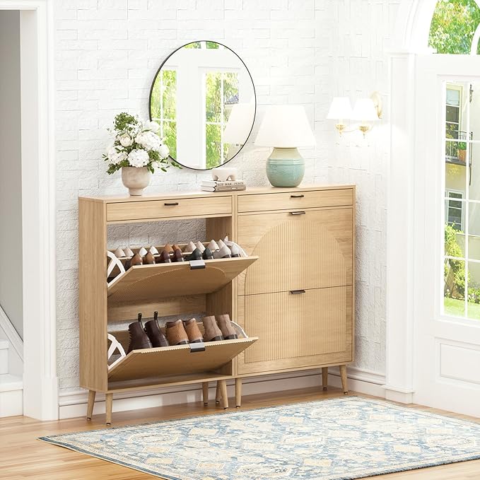 Yechen Shoe Storage Cabinet with 2 Flip Drawers& 1 Small Drawer, Slim Entryway Shoe Organizer with Fluted Wavy Doors for Hallway,Natural Oak