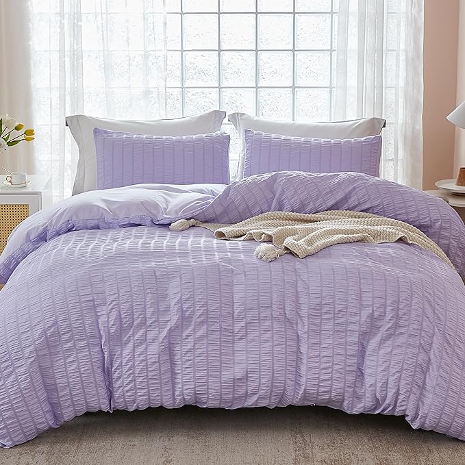 AveLom Lavender Purple Seersucker Duvet Cover Set Queen (90 x 90 inches), 3 Pieces (1 Duvet Cover + 2 Pillow Cases), Ultra Soft Washed Microfiber, Textured Duvet Cover with Zipper Closure, Corner Ties