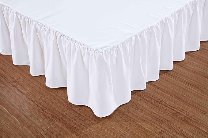 Sheets & Beyond Wrap Around Solid Microfiber Luxury Hotel Quality Fabric Bedroom Gathered Ruffled Bedding Bed Skirt 14 Inch Drop (Queen, White)