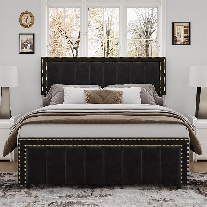 BarnFurin Queen Bed Frame with 50" Tall Headboard and Footboard, Chenille Upholstered Platform Bed, Vertical Channel Tufting with Nailhead Trim, No Box Spring Needed, Easy Assembly, Black