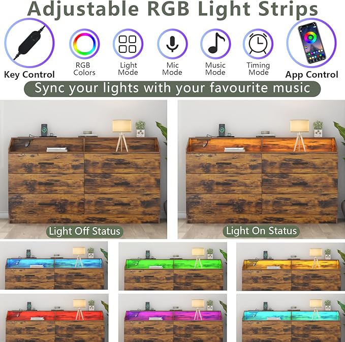 6 Drawer Dresser with Power Outlet, Chest of Drawers with LED Light, Modern Dresser with Open Storage Cubby, Double Wide Dressers Organizer for Bedroom, Living Room, Entryway, Hallway