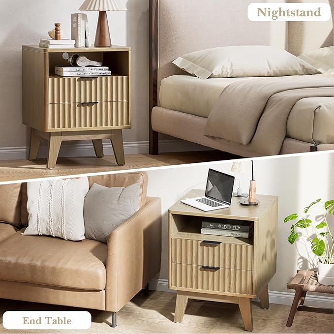 Nightstand with Charging Station, Modern Fluted 2 Drawer End Table with Storage Shelf, Natural Oak Bedside Table for Bedroom & Office