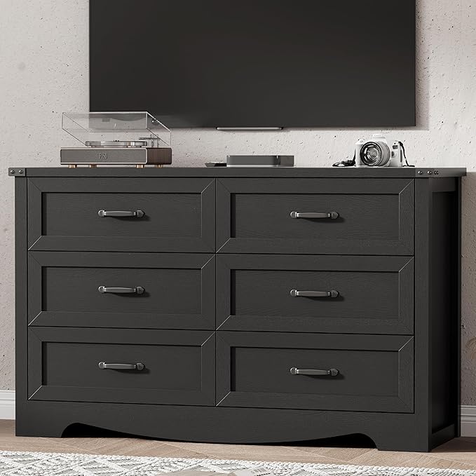 Dresser for Bedroom with 6 Drawers, 54" Wide Wood Chest of Drawers with Deep Drawers & Mental Handle, Modern Dresser TV Stand, Wooden Closet Storage Organizer for Living Room, Hallway, Entryway, Black
