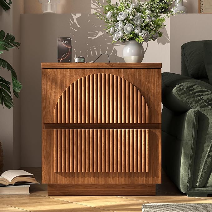 Yechen Nightstand with Drawers, Modern Arched Reeded Wood Nightstand with Charging Station, Wooden Night Stand with Storage,Bedside End Tables for Bedroom, Walnut
